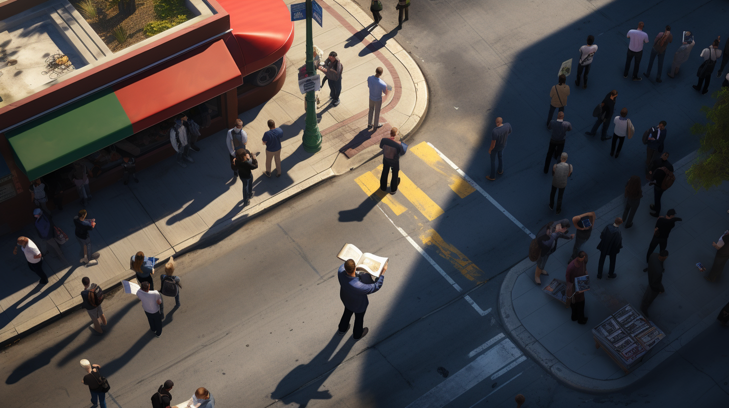 Man reading Bible in busy intersection