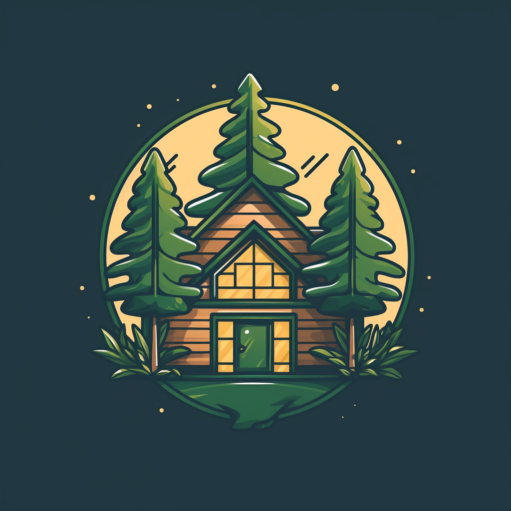 Flat vector logo of cabin with pine trees