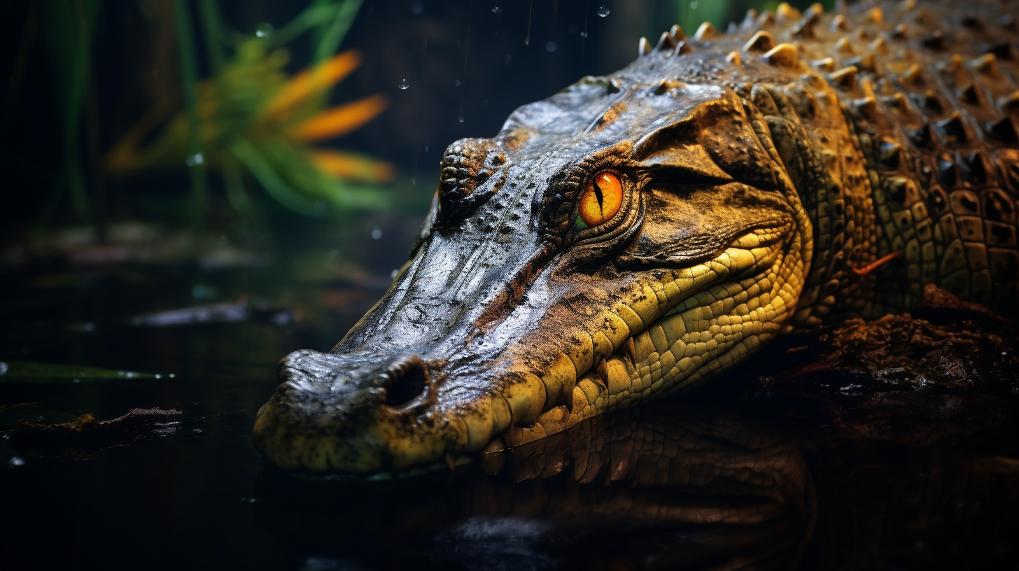 Realistic photo of a caiman at night