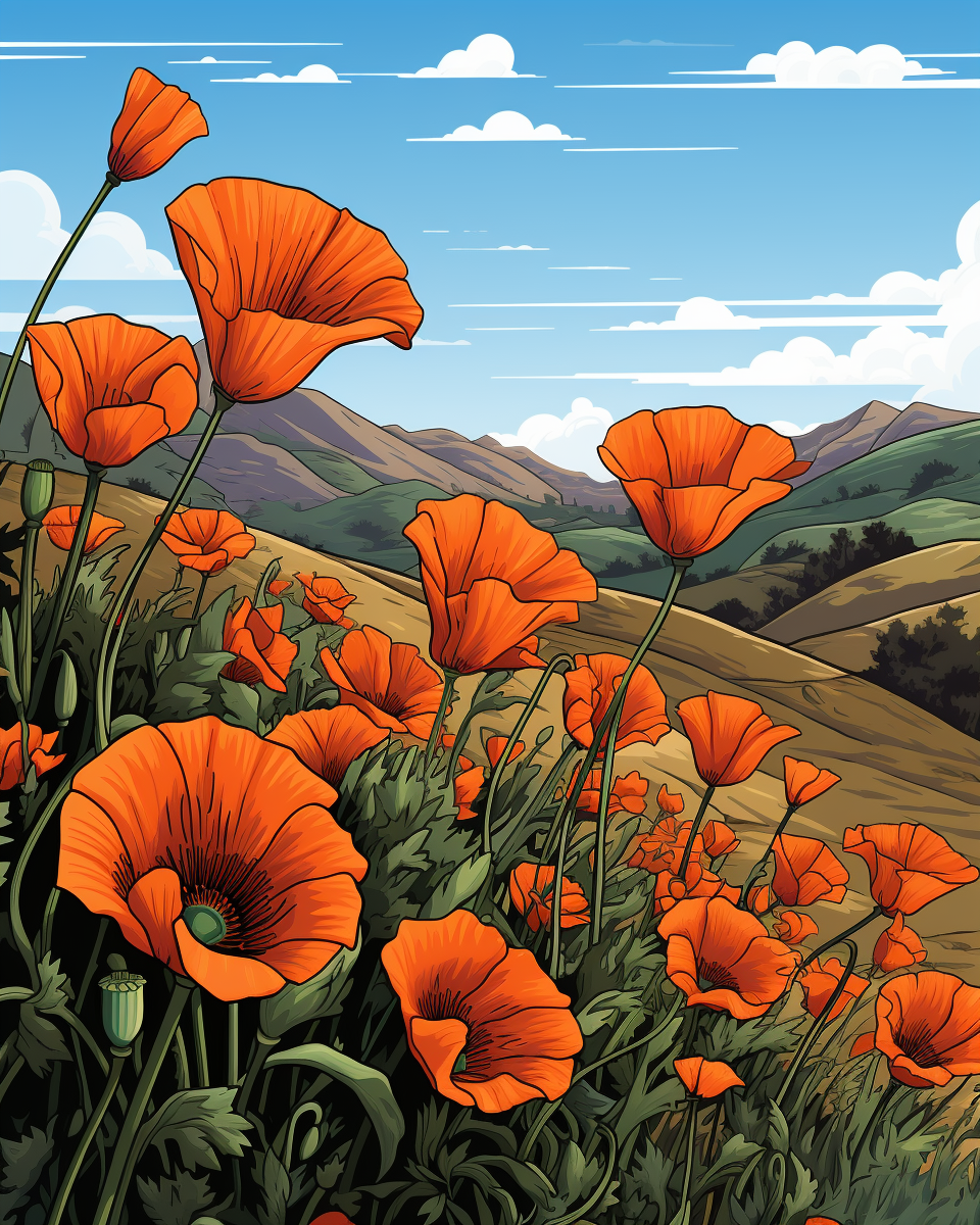 California Poppies in Comic Art Style