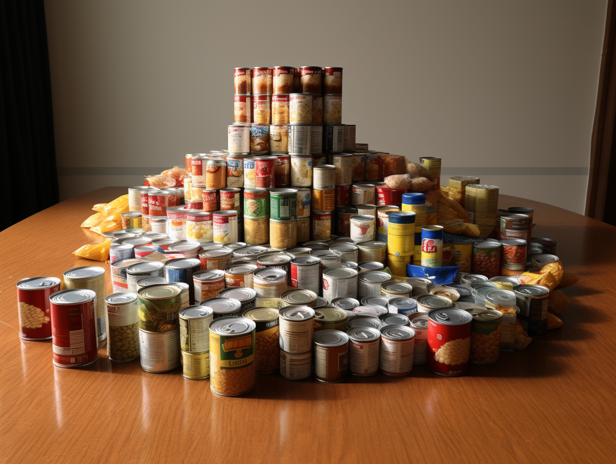 Canned food on table, food drive