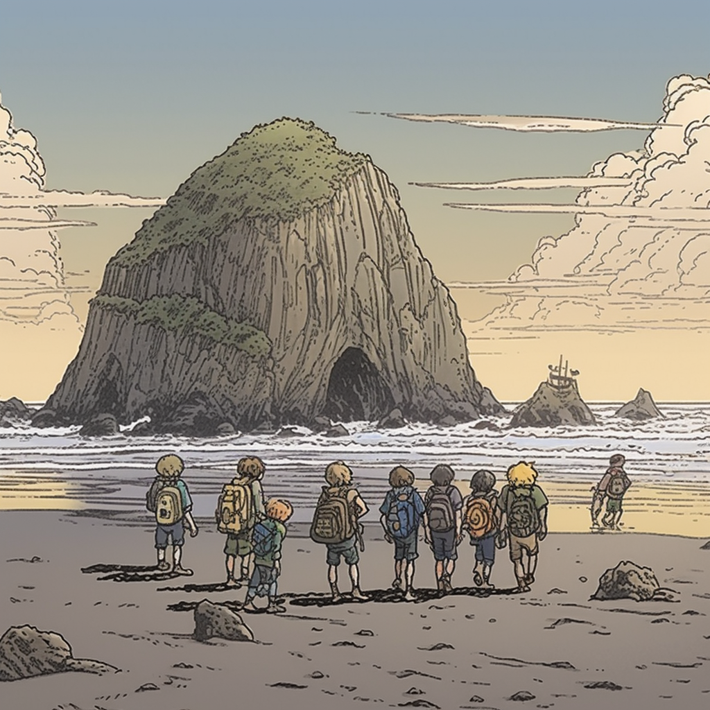 Animated cartoony image of Canon Beach with The Goonies