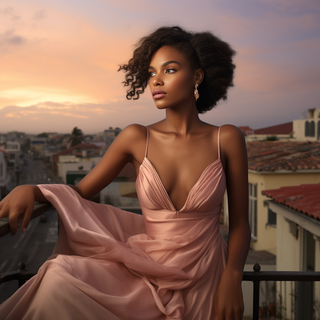 Young Cape Verdean in pink dress at twilight