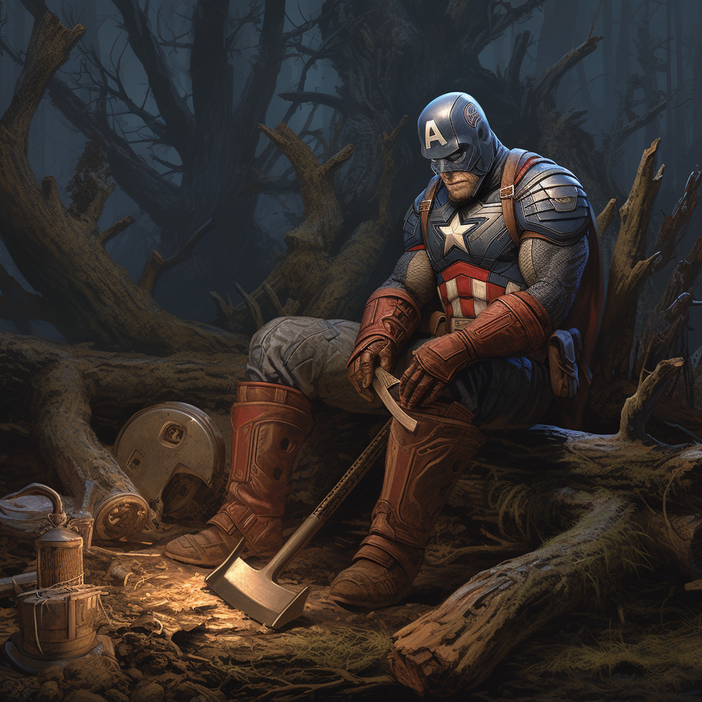 Captain America chopping wood with axe, Groot sleeping