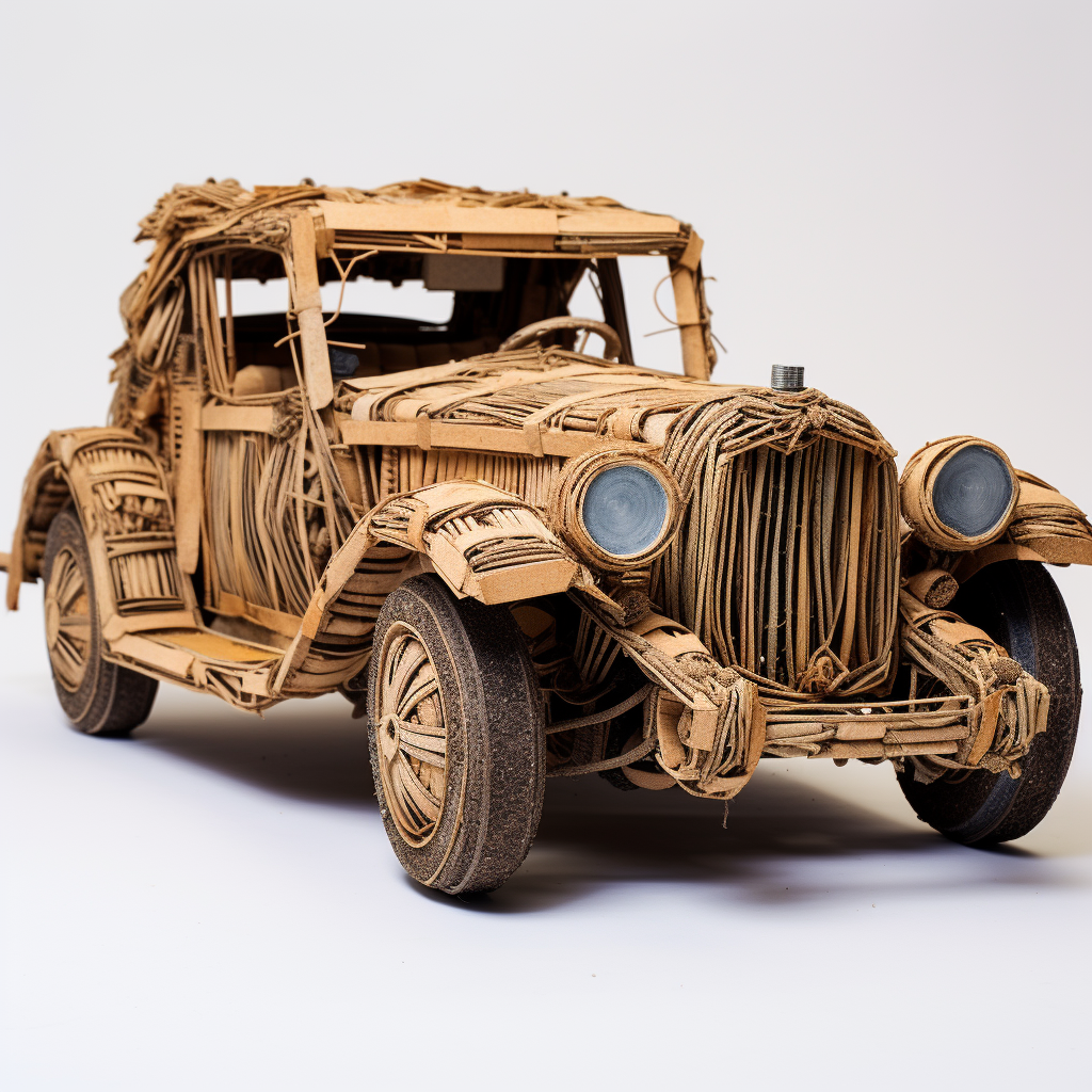 Homemade cardboard car with toothpicks and glass shards