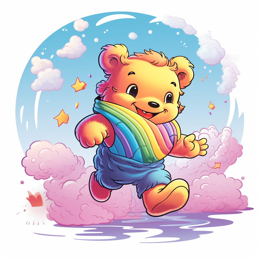 Care Bear running on a rainbow