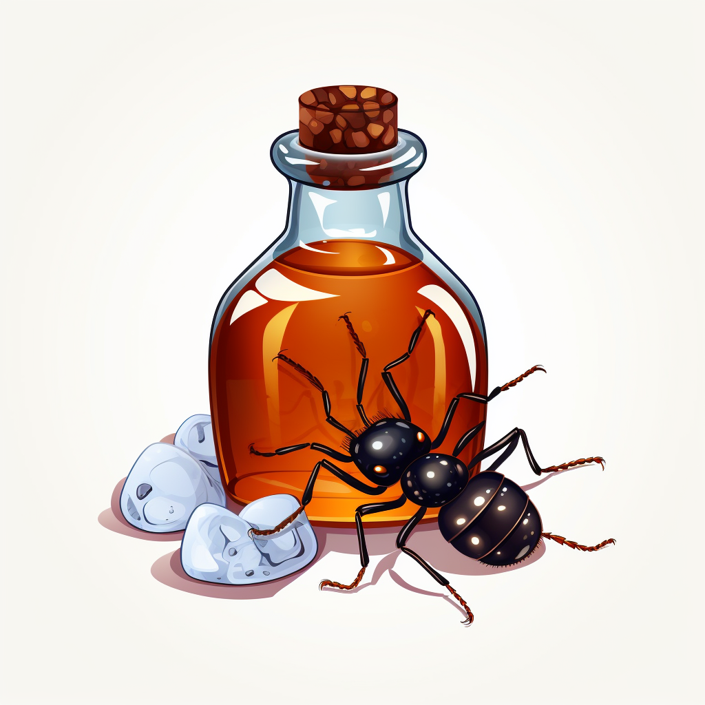 Cartoon ant drinking poison from a bottle