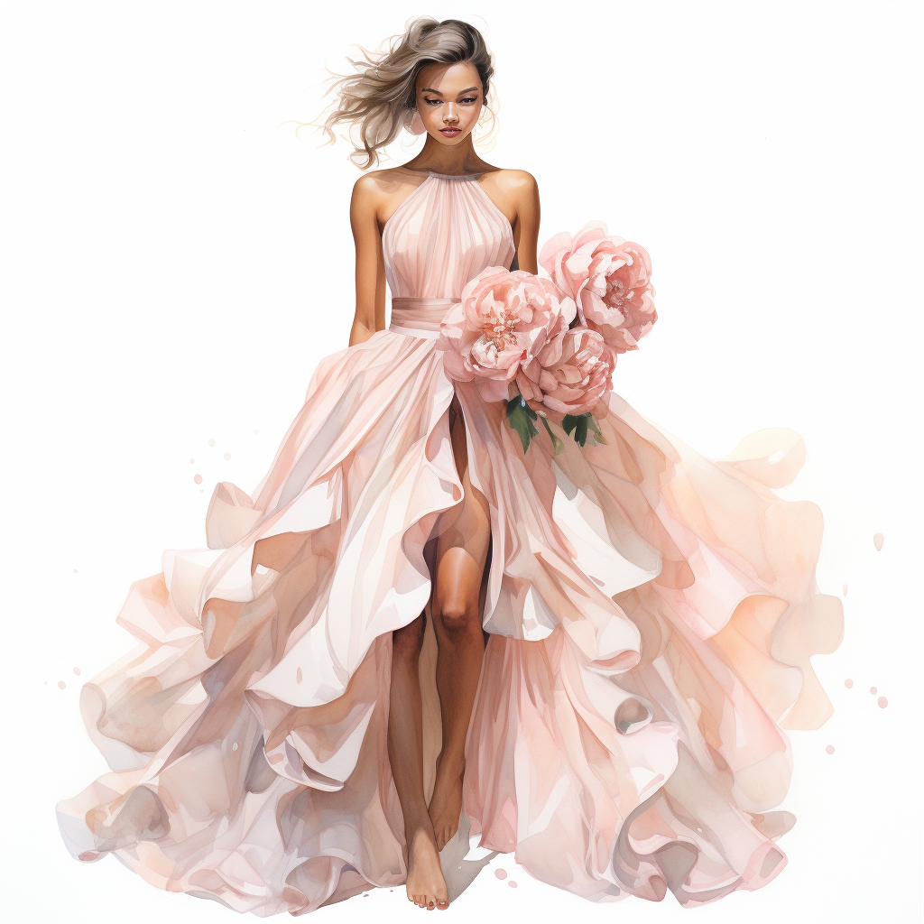 Cartoon art of elegant blush-colored watercolor luxury dress