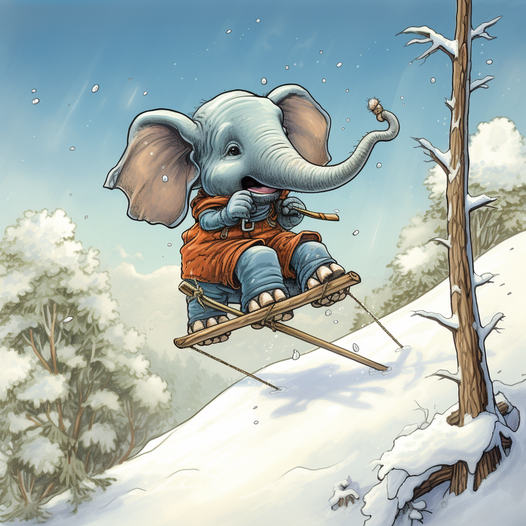 Cartoon elephant skiing crash tree