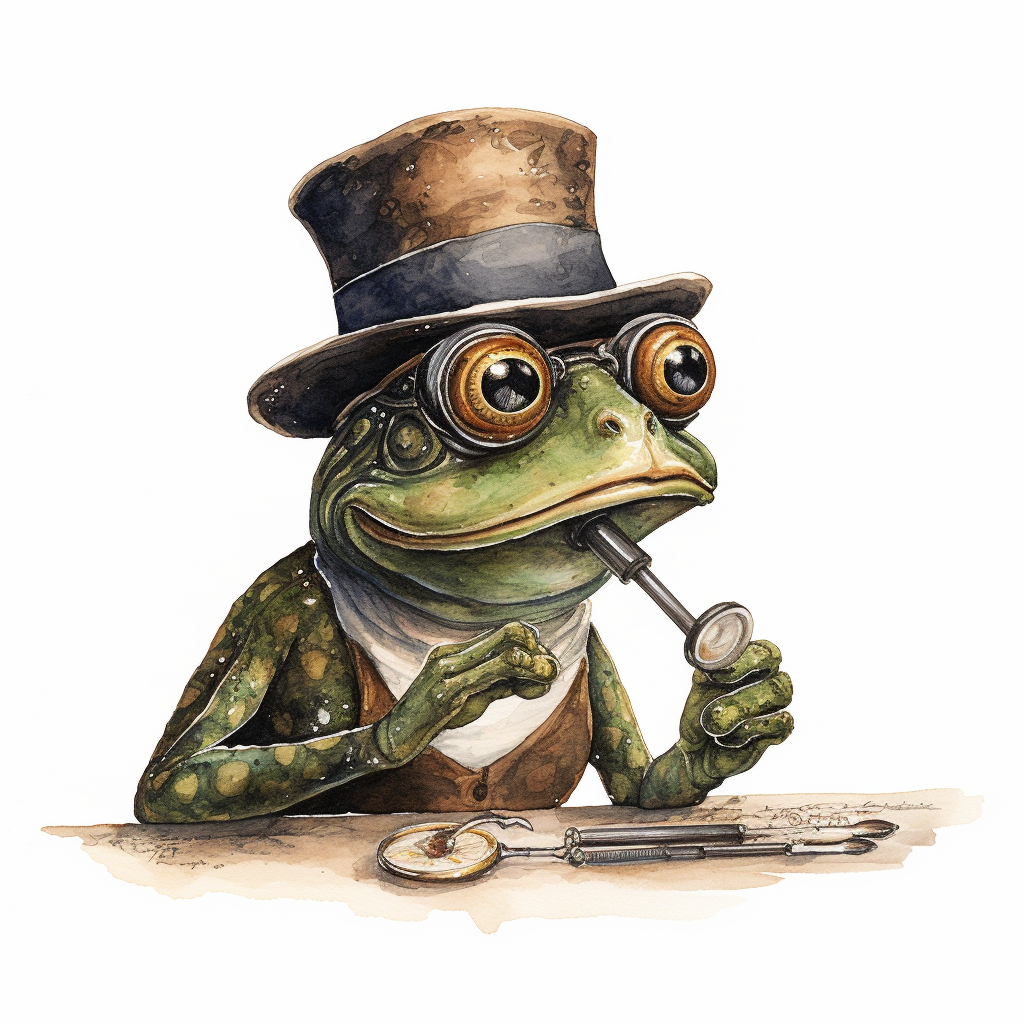 Cartoon frog blowing whistle with eyeglass and hat