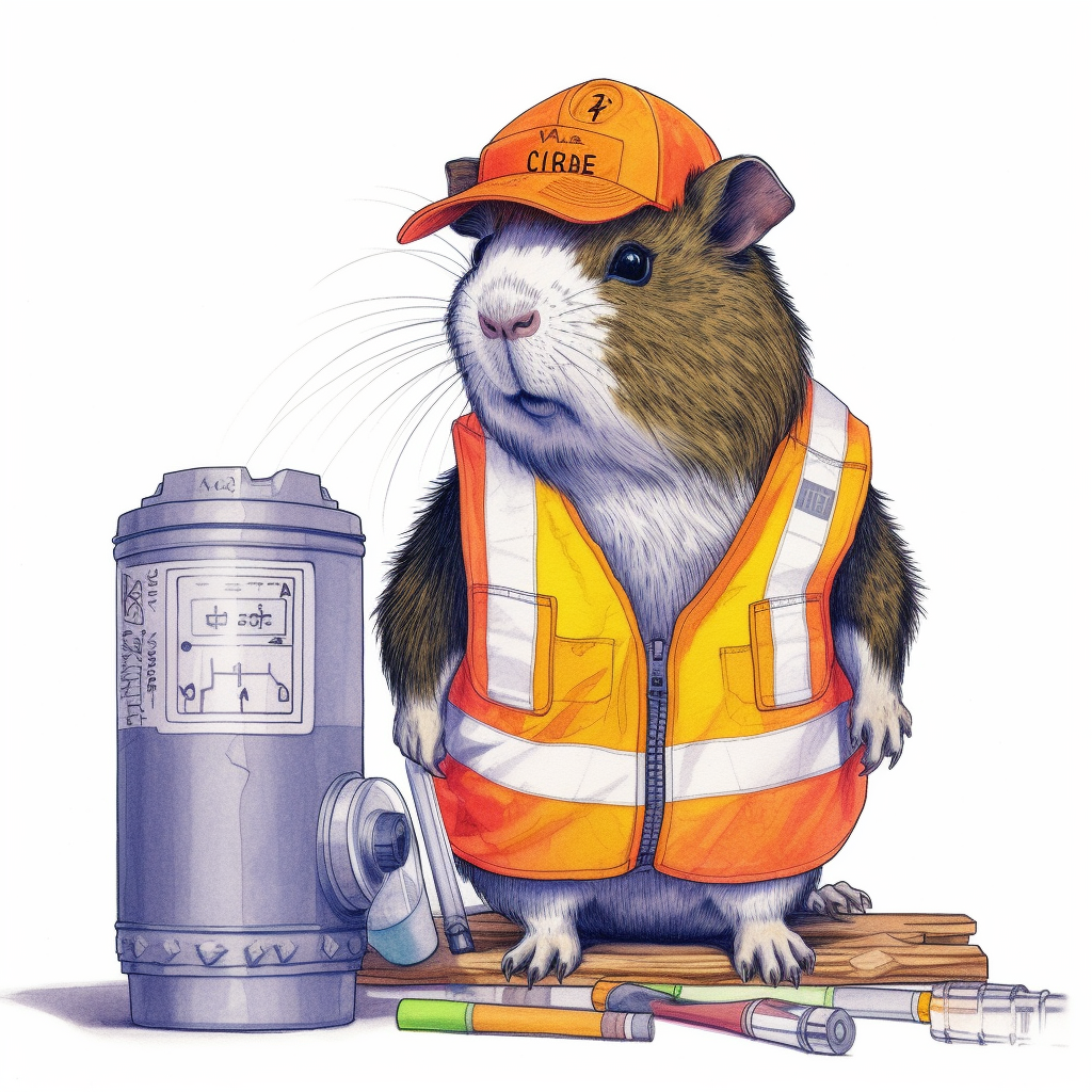 Cute guinea pig wearing safety gear and drinking beer.