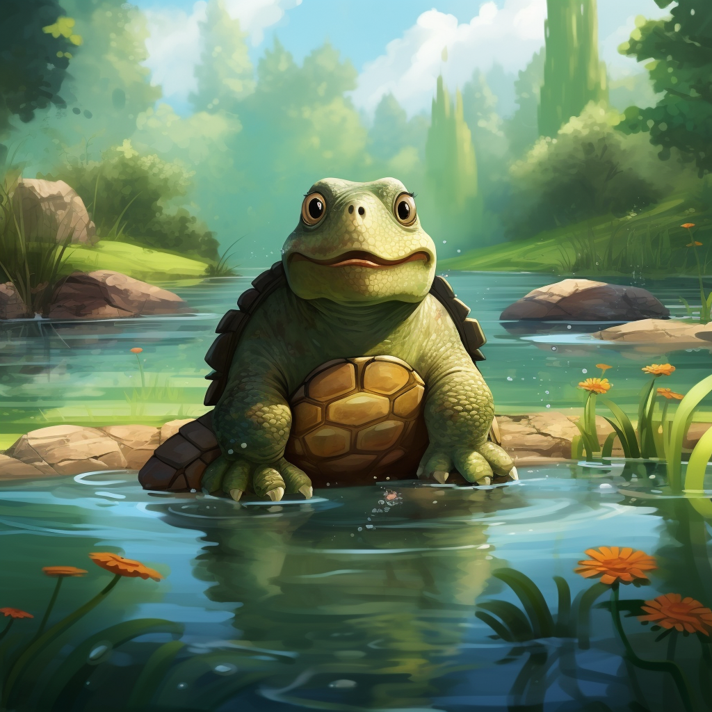 Cartoon snapping turtle in pond