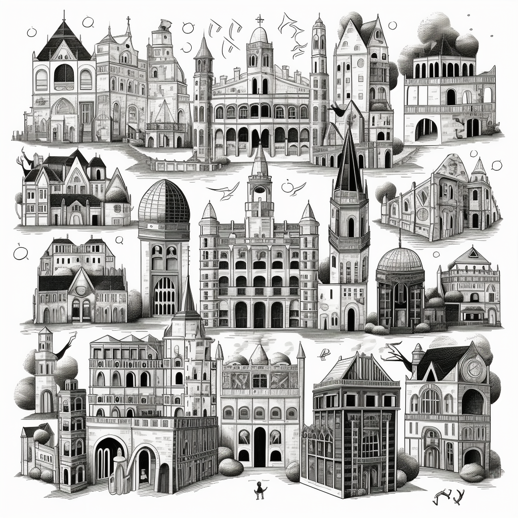 Cartoon temples, churches, cathedrals, shrines in grid