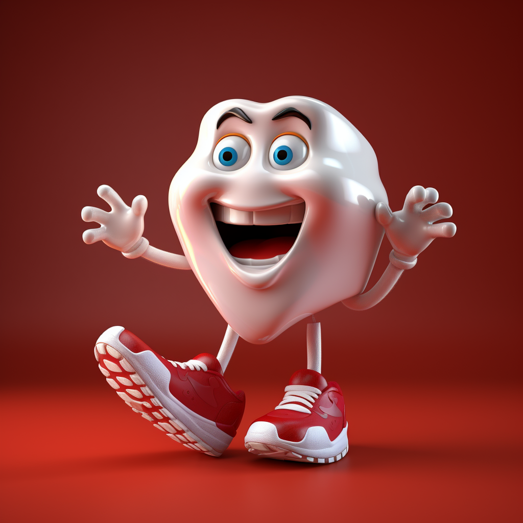 Cartoon tooth character in sneakers on dark red background