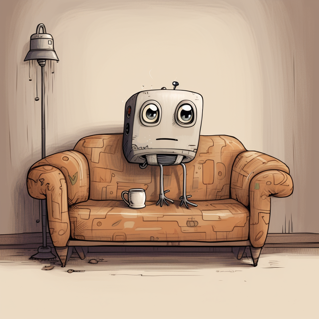 Cartoon robot standing looking at white couch