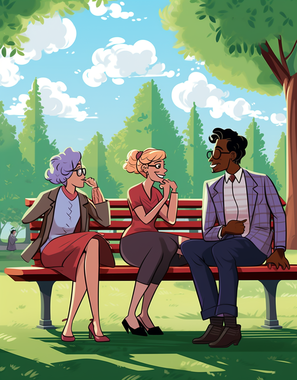 Cartoonish friends whispering on sunny day at park bench