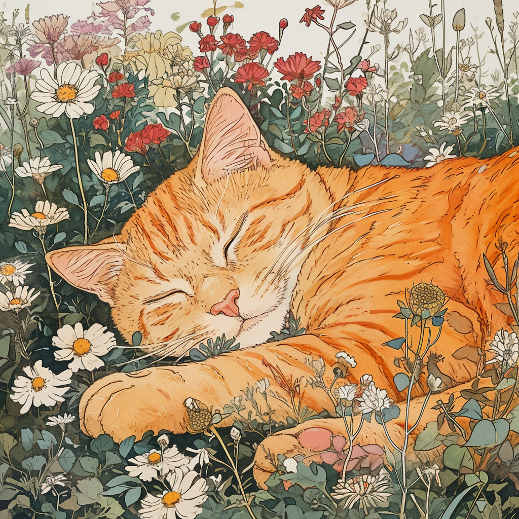 Soft orange cat sleeping in flower bed