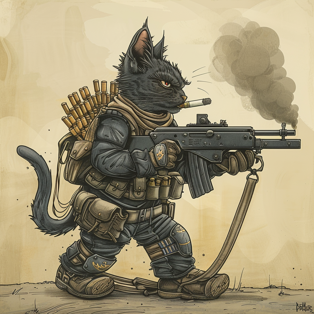 Cat soldier with machine gun