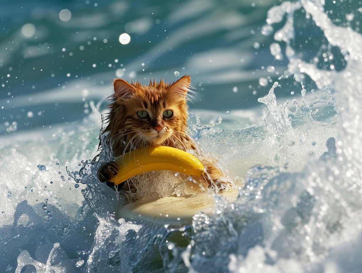 Cat surfing with banana in sea