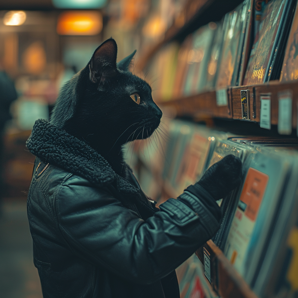 Cat in Black Leather Coat Shopping