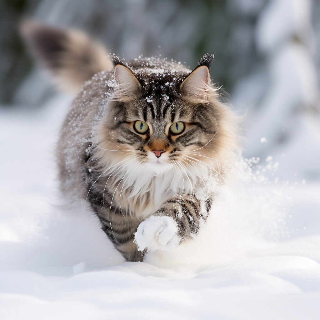 Playful cat running in snow