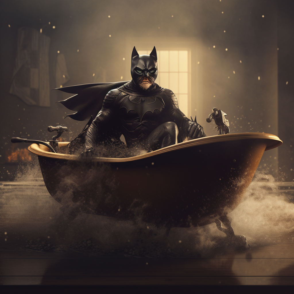 Catman flying on a clawfoot bathtub