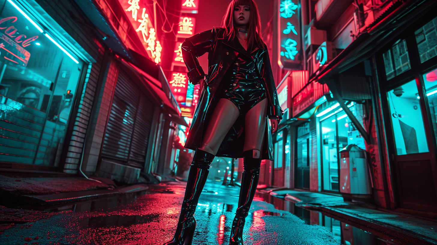 Caucasian female cyberpunk detective in street