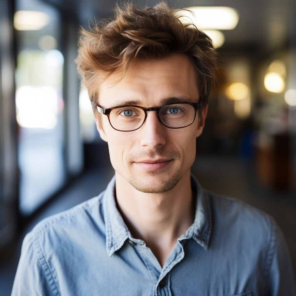 Caucasian male geek with short brown hair