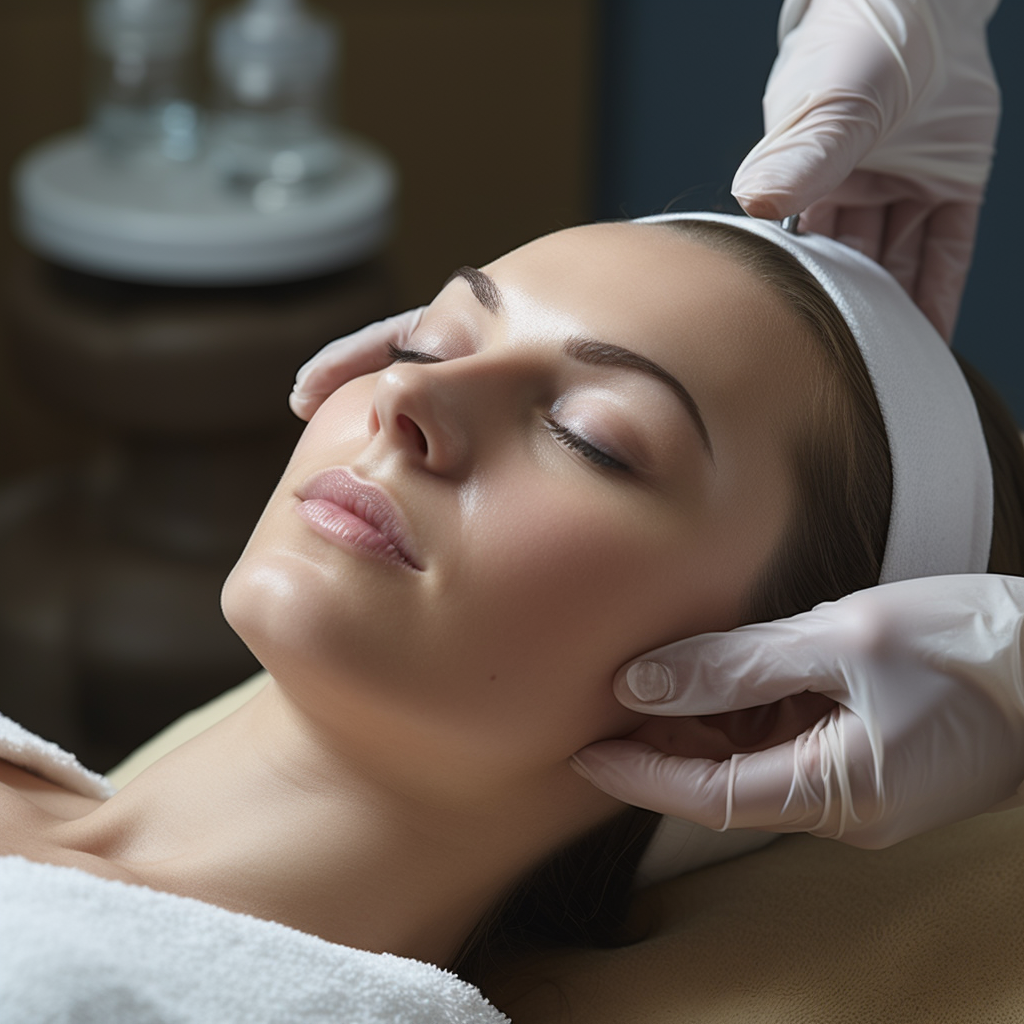 Caucasian woman performing facial aesthetic treatment