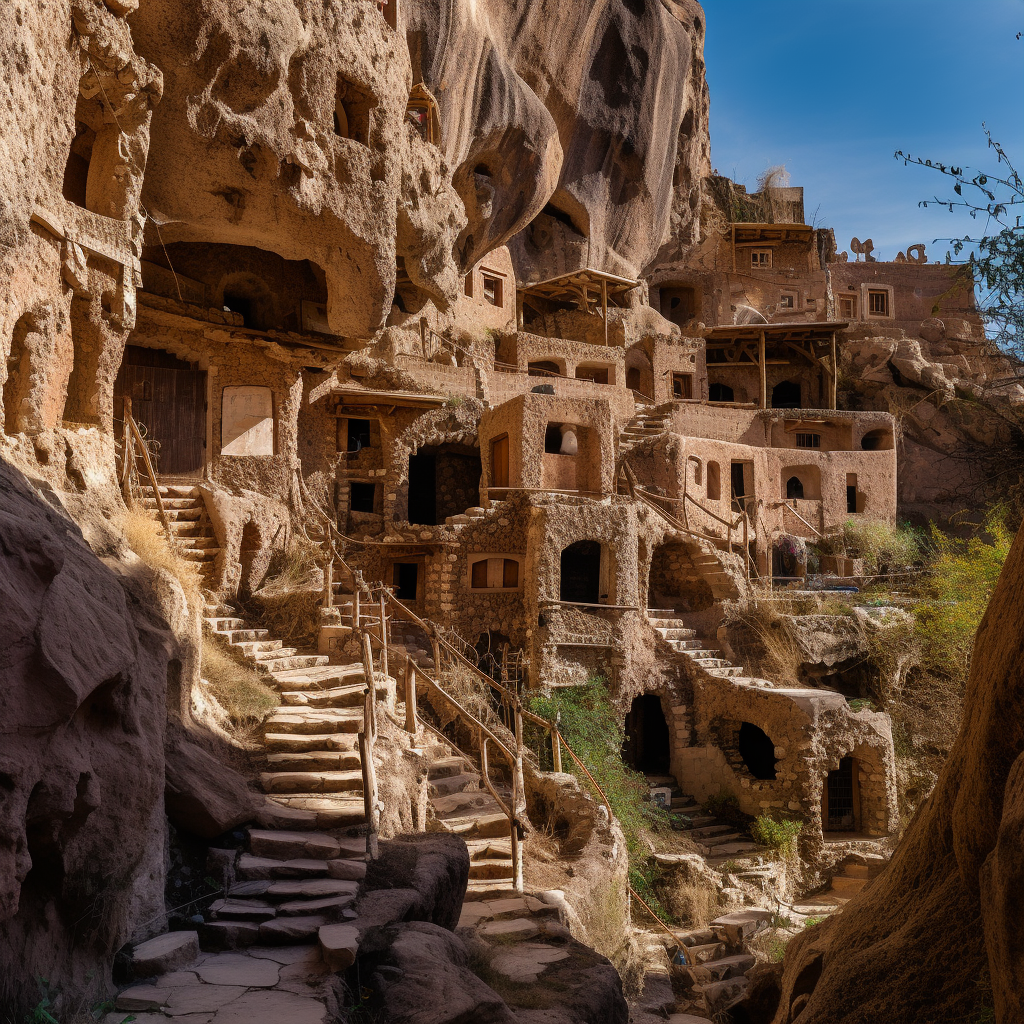 Ruined underground village with stairs and doors