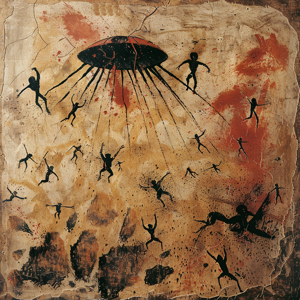 Ancient cave painting falling spaceship