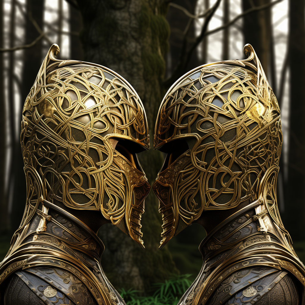 Celtic tree forest with silver Spartan helmets and swords