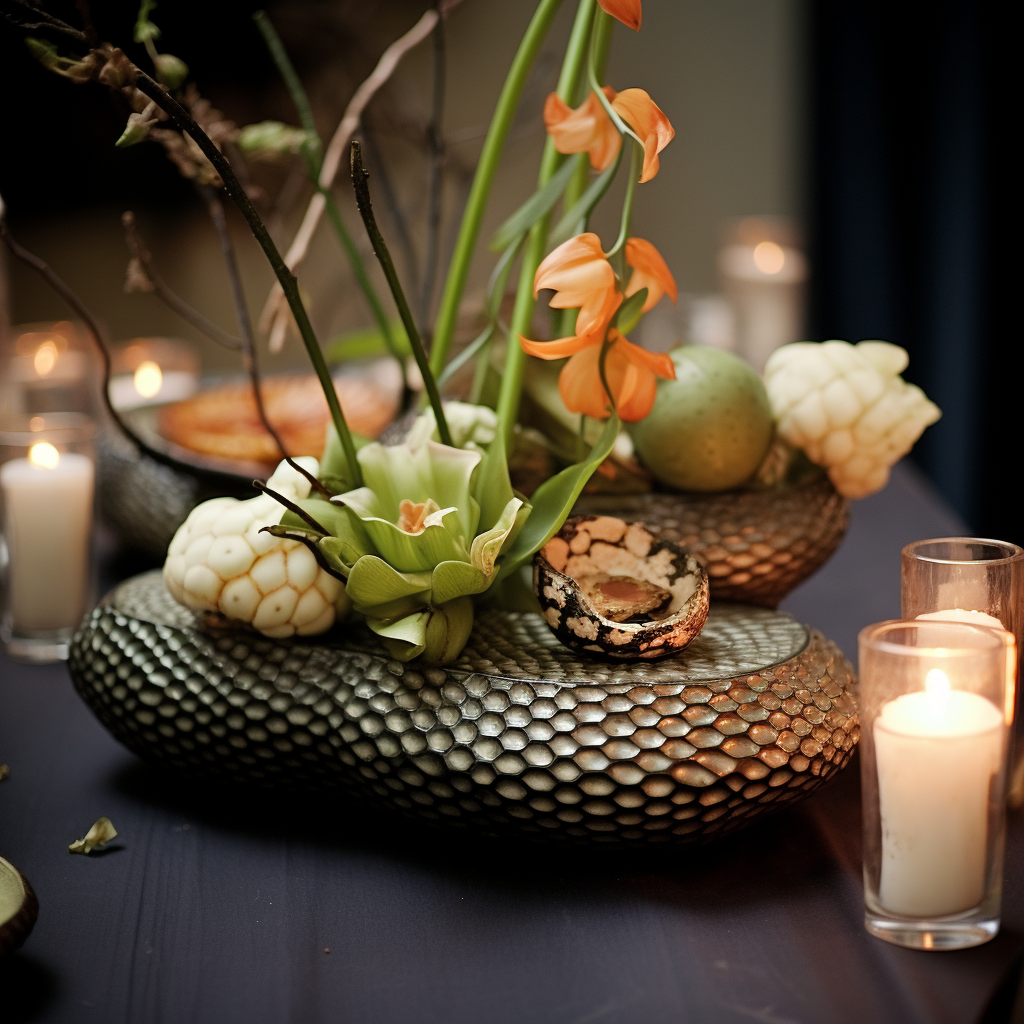 Elegant centerpieces on snakeskin pattern