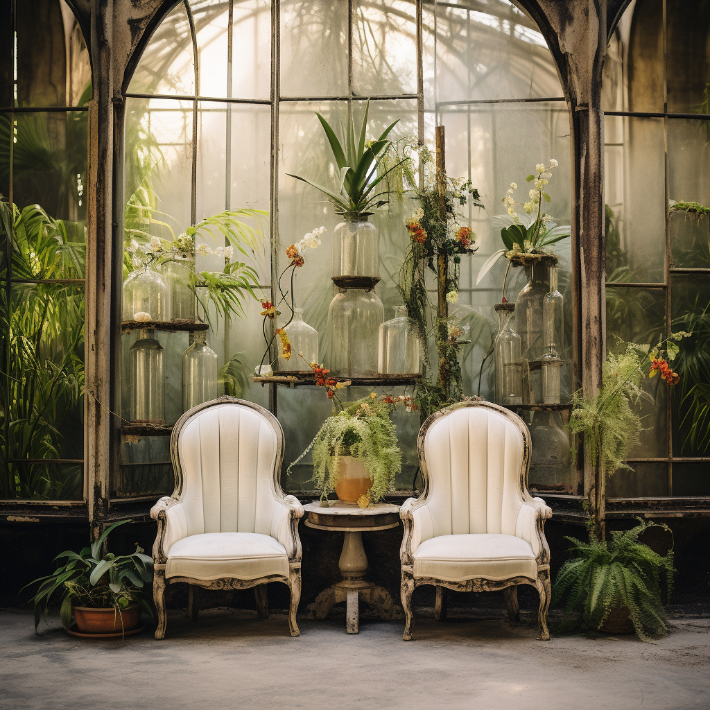 Artistic Chairs with Beautiful Plants in Glass Vases