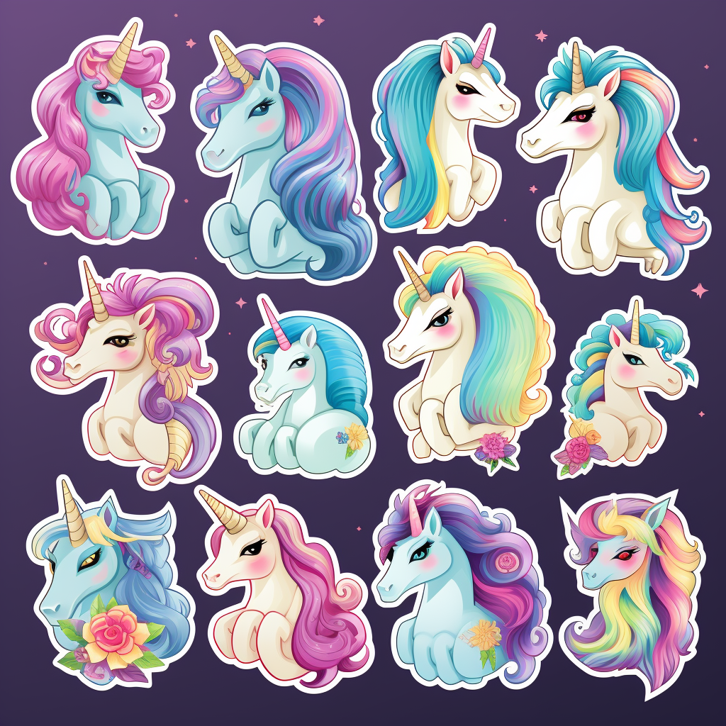 Adorable unicorn stickers with playful poses