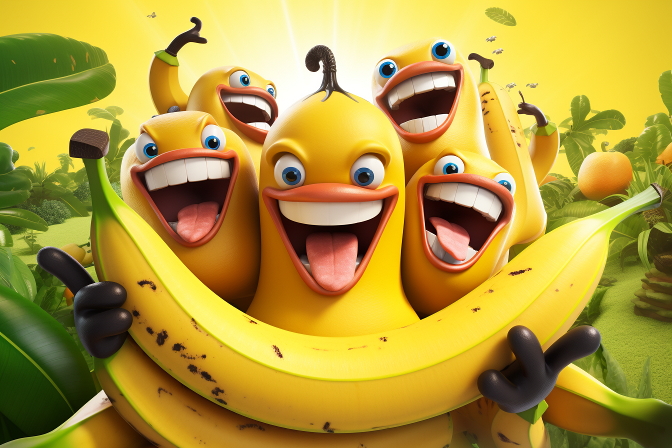 Group of cheerful and cute bananas armed with banana-themed weapons