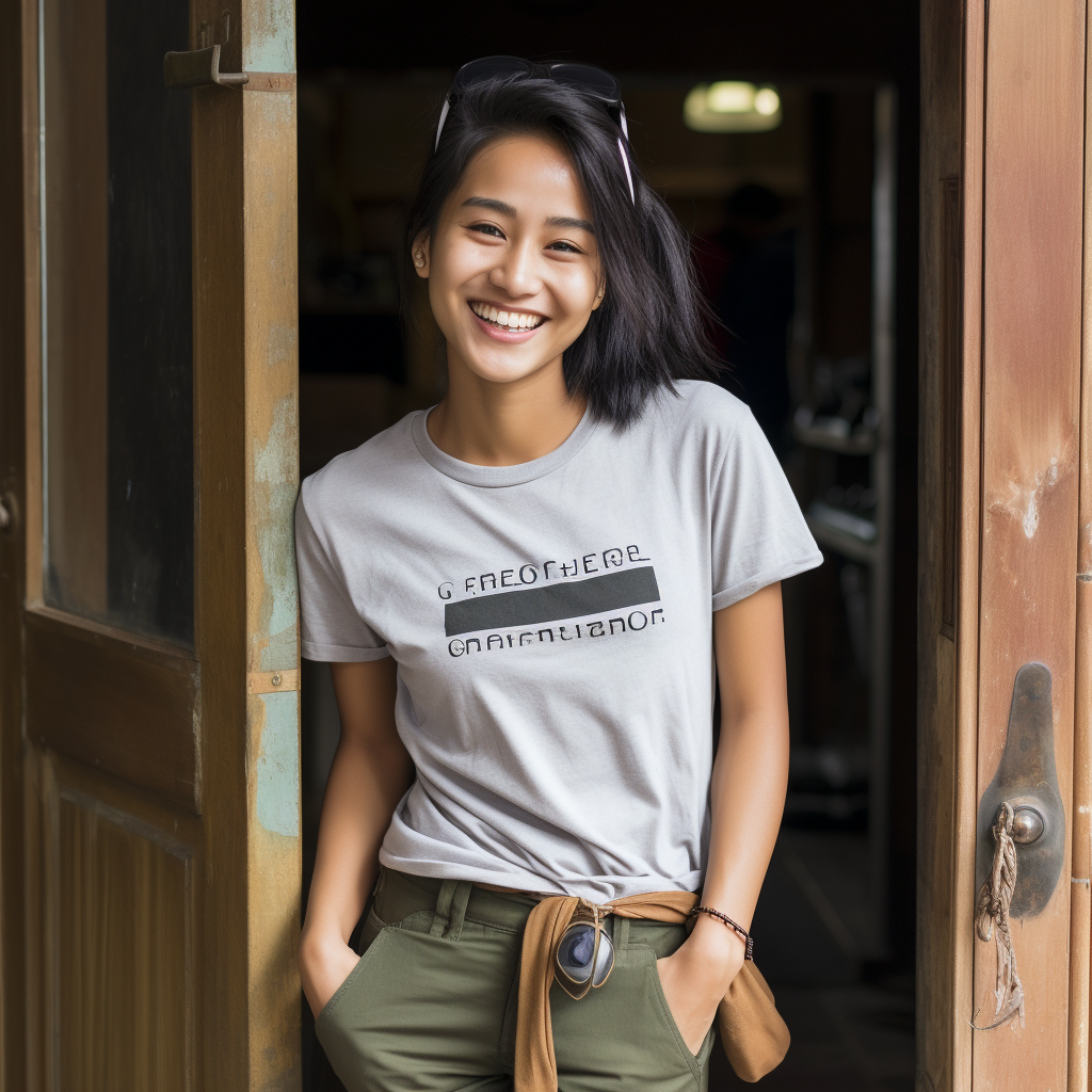 Smiling Malaysian woman by wooden door