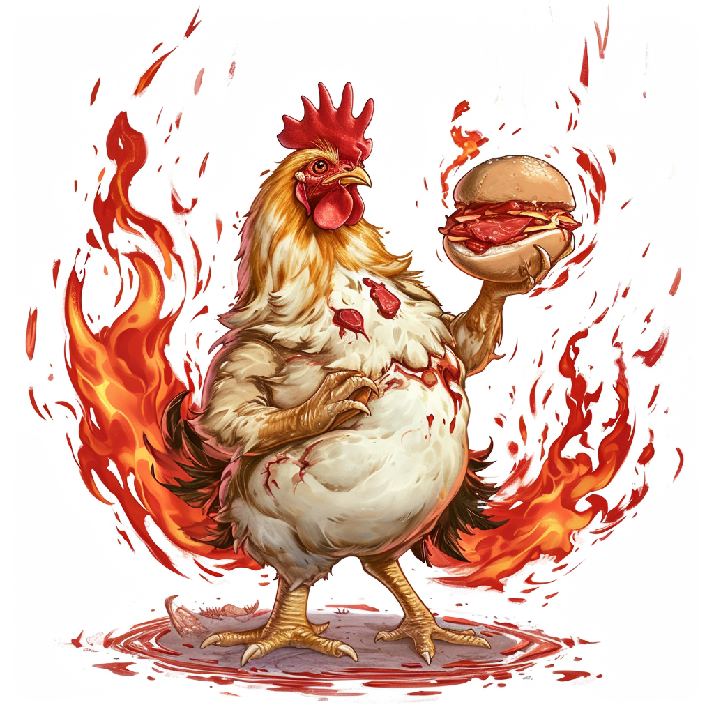 Illustration of chicken holding meat bun with red flame