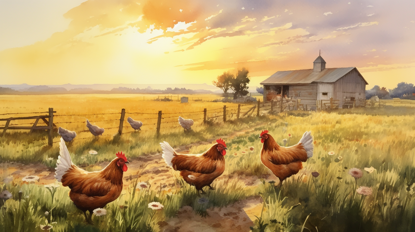 Watercolor painting of chickens at sunset