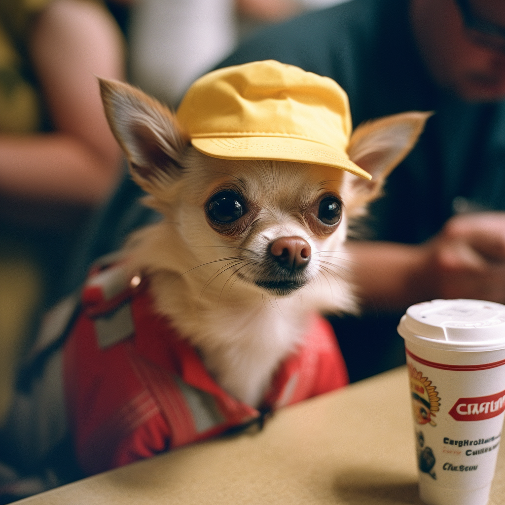 Cute chihuahua in fast food restaurant