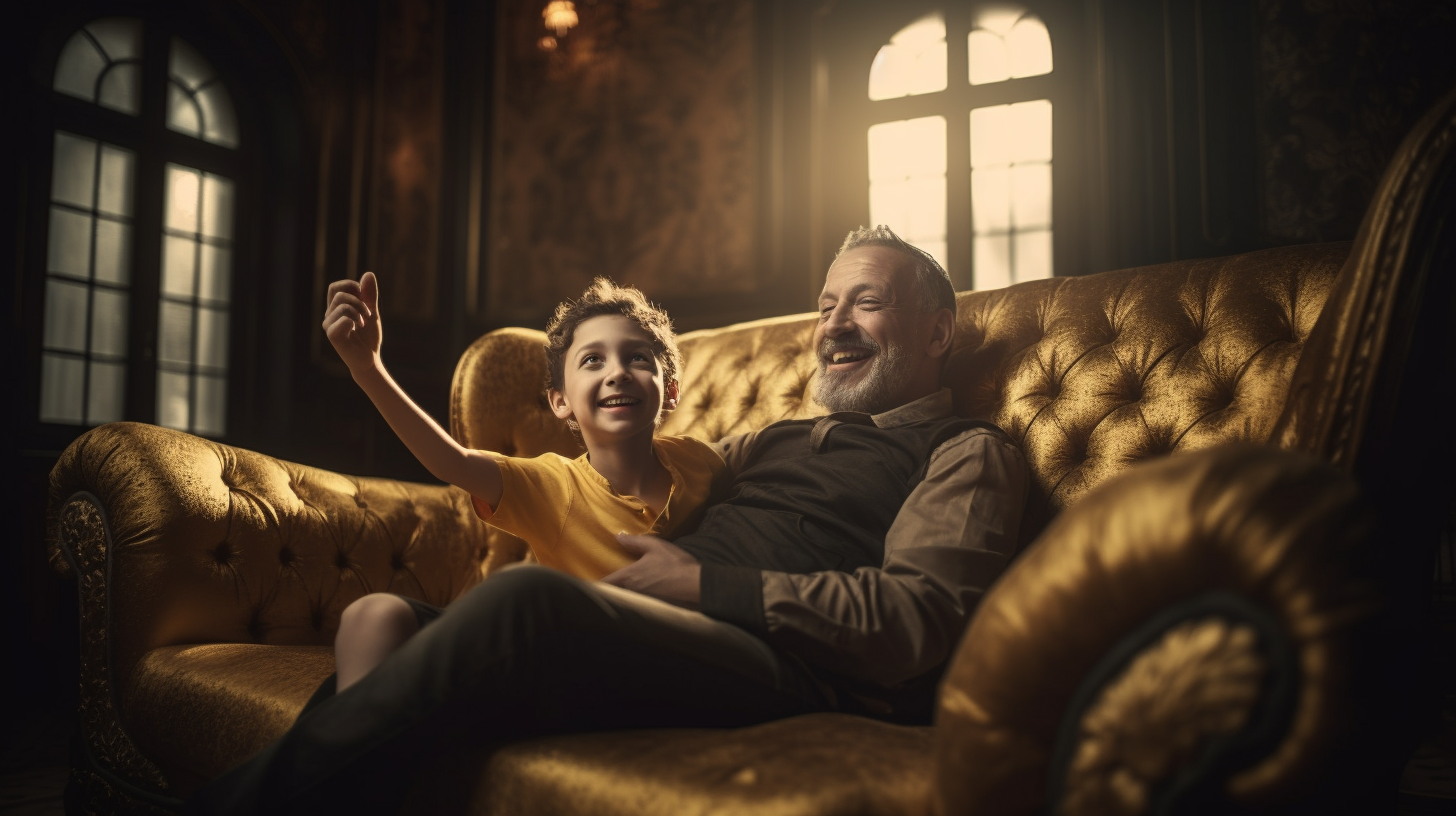 Smiling child and dad on sofa