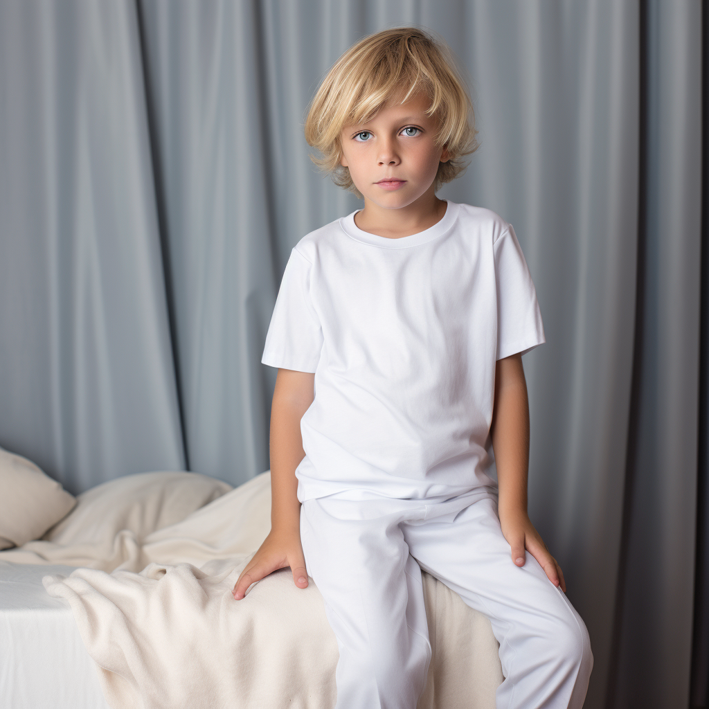 Child model wearing white summer PJs