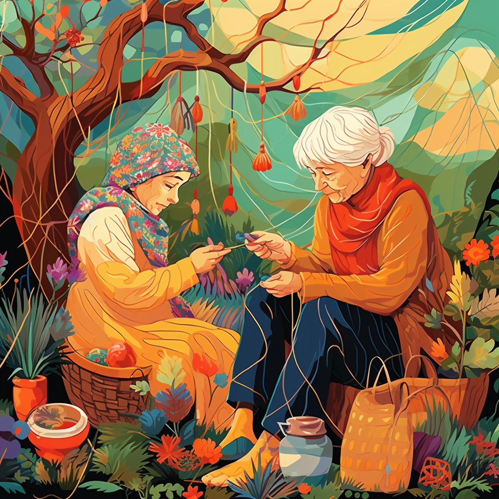 European child and old lady knitting colorful threads