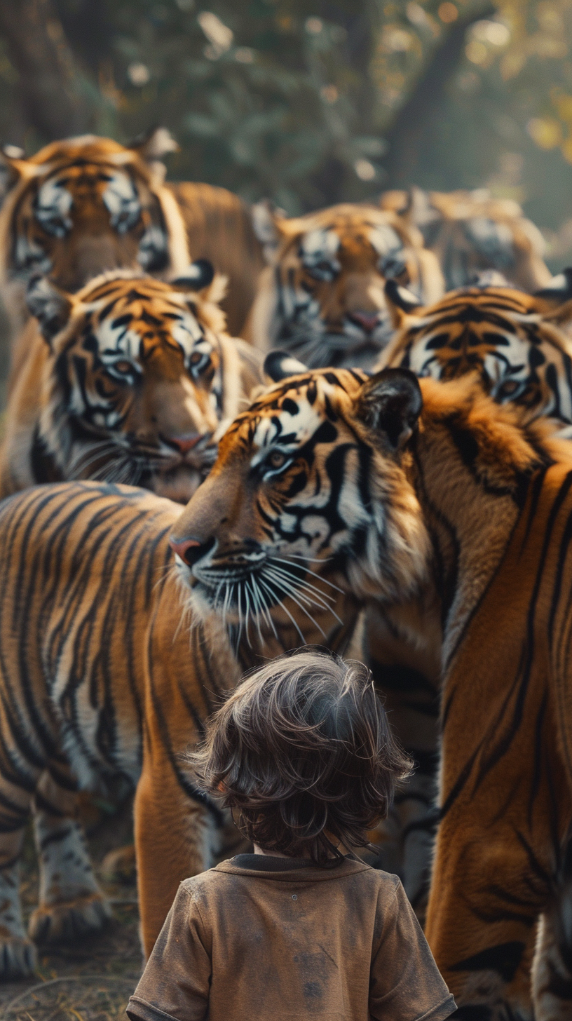 Child and Tigers Closeup Shot