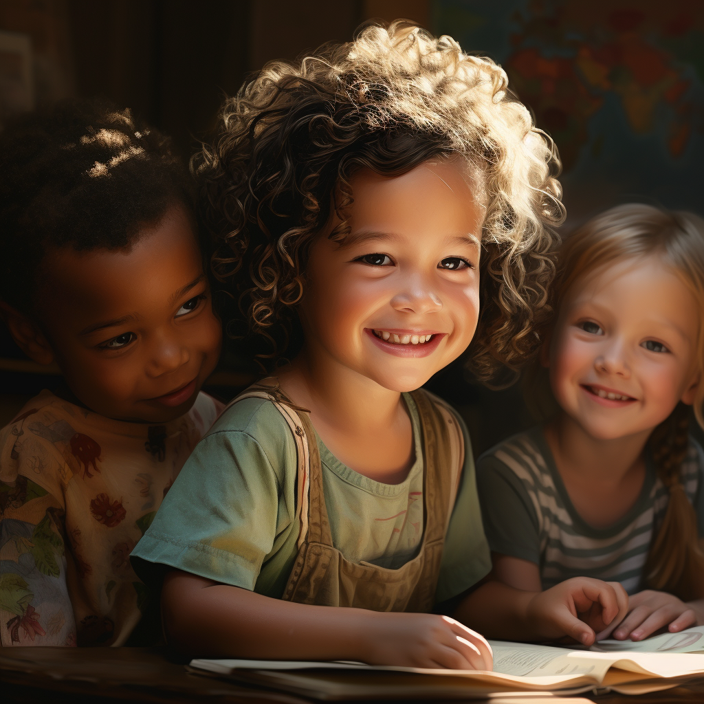 Child learning with smiling children