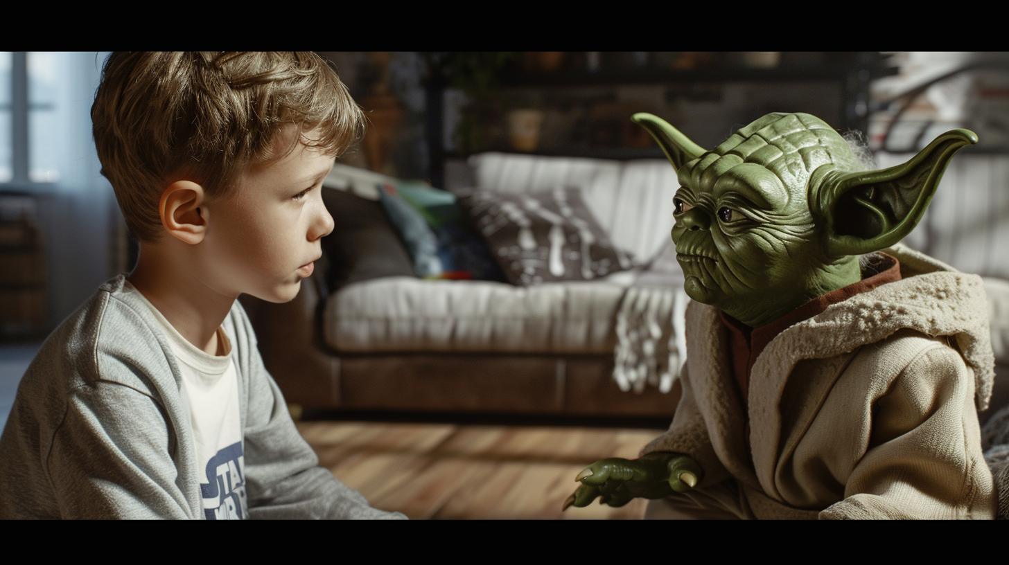 Child playing with toy Yoda