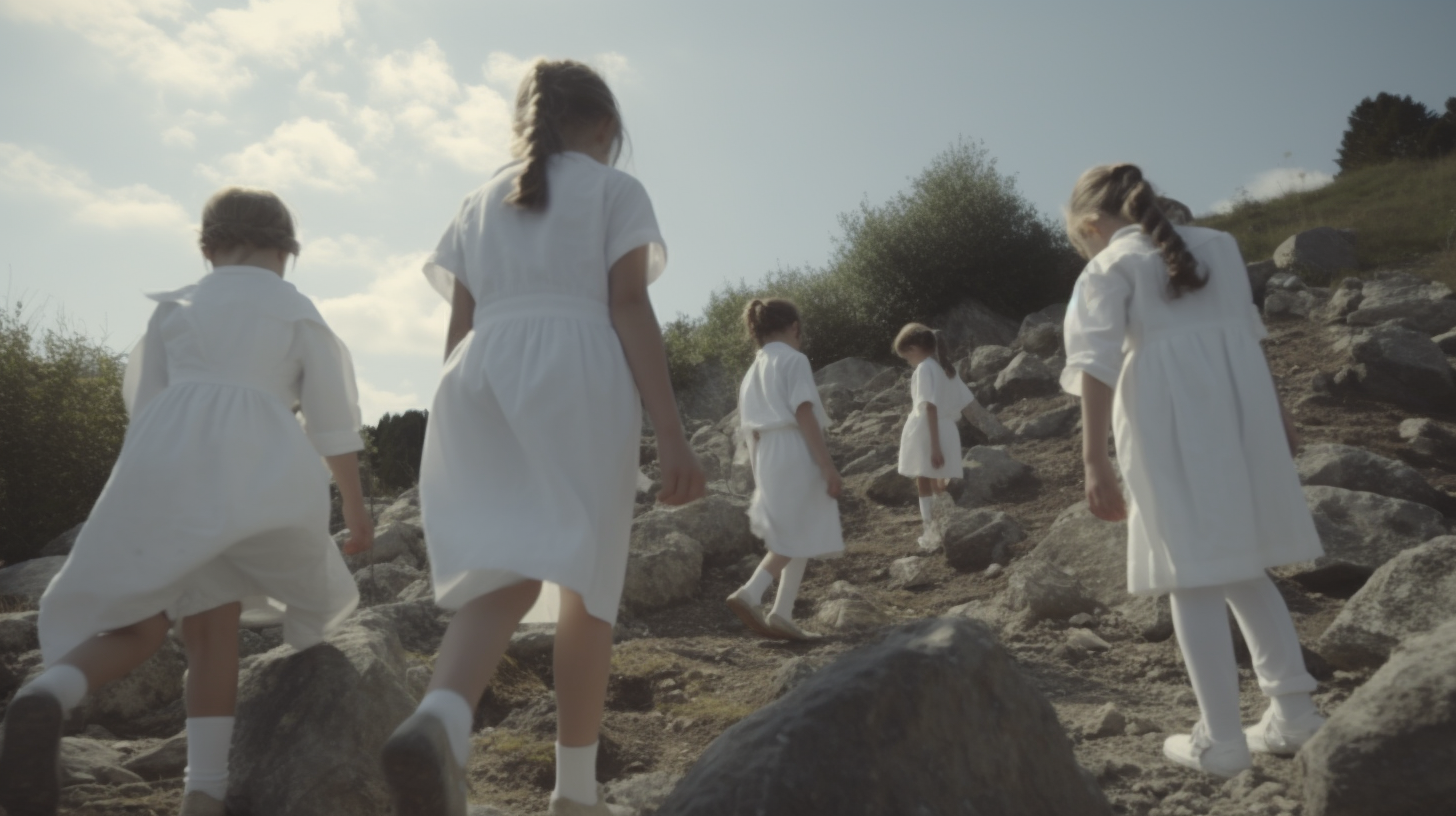 Children carrying rocks up hill