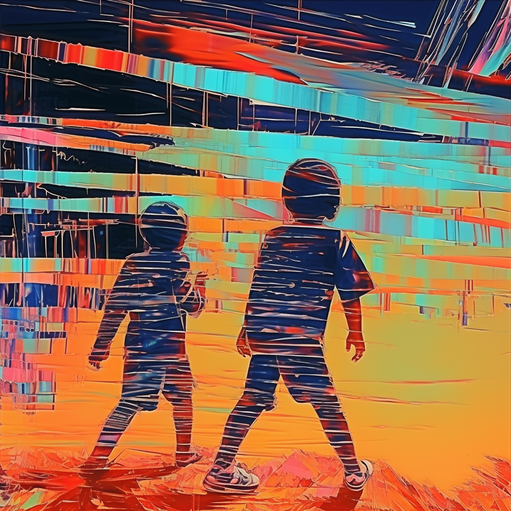 Children fighting with VHS glitch texture