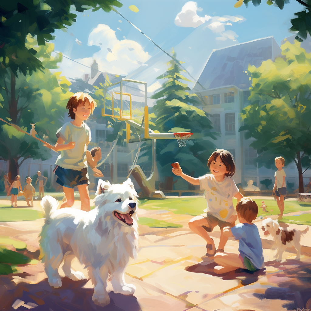 Children playing with white dog in sunny park