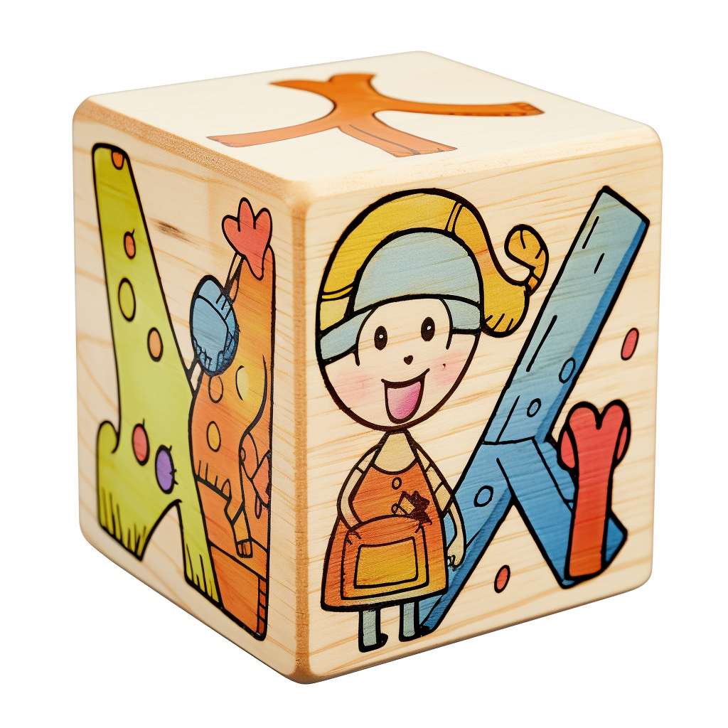 Cartoon-style wooden cube with letter X